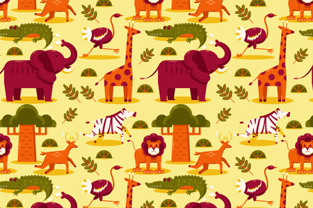 African animals. Patterns of elephant, lion, giraffe, gazelle, antelope, crocodile, ostrich, and zebraのイラスト素材