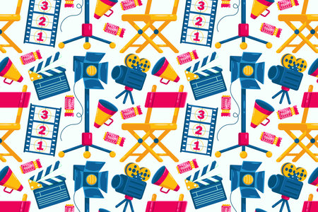 Movie time. Director's chair, megaphone, lighting, clapper board and camera patternのイラスト素材