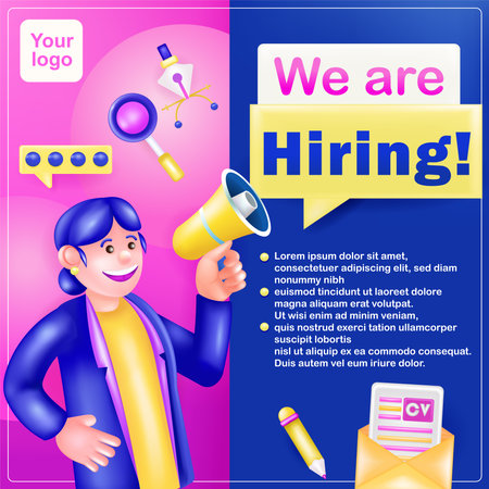 We are Hiring. 3d Vector Woman holding a megaphoneのイラスト素材