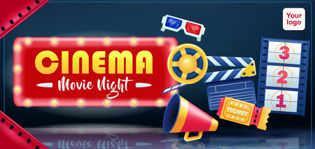Cinema, Movie Night. 3d vector clapper board, director's megaphone, ticket, 3d glasses and movie tapeのイラスト素材