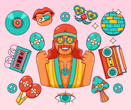 Groovy vector. A man playing maracas, radio, cassette, glasses, music and tongueのイラスト素材