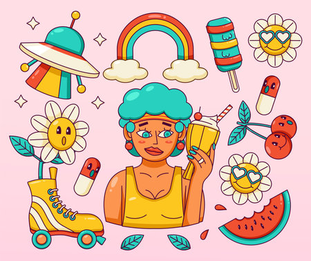 Groovy vector. Woman holding ice cream, roller skates, ufo, cherry, rainbow and flowersのイラスト素材