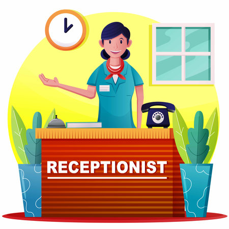 Receptionist woman is welcoming customersの写真素材