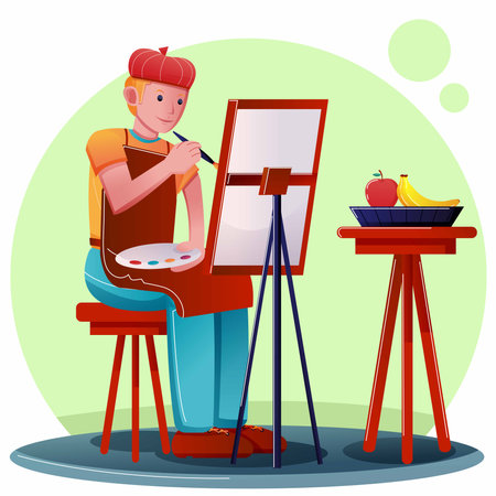 Male artist painting fruit vector illustratorの写真素材