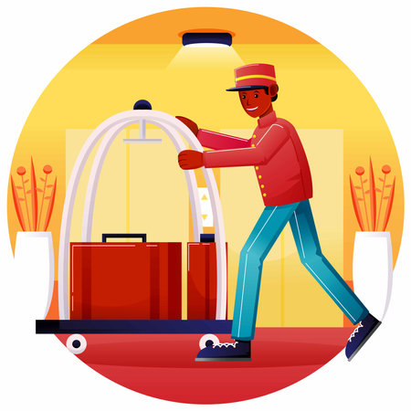 Bell boy is delivering hotel guest luggageの写真素材