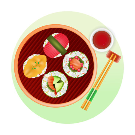 Japanese food, 3d illustration of shushi in a bamboo steamer basketのイラスト素材