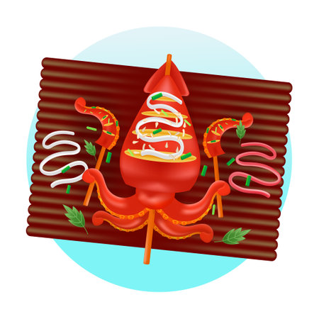 Japanese street food, soy sauce grilled squid 3d illustrationのイラスト素材