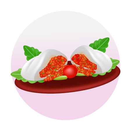 Chinese food, 3d illustration of halved beef stuffed steamed bunのイラスト素材