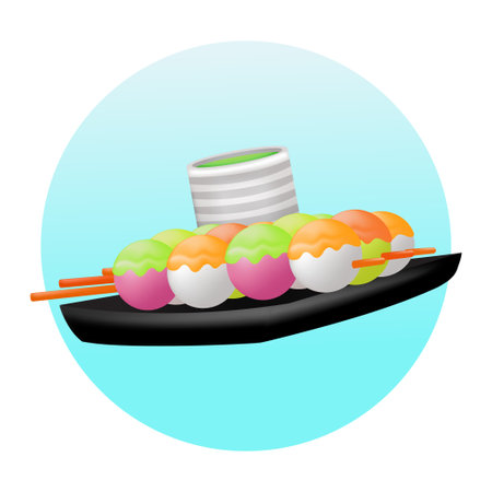 Japanese street food, dango dessert and green tea 3d illustrationのイラスト素材