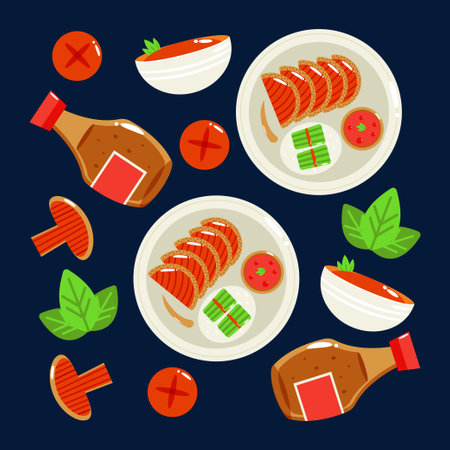 Chinese food, pieces of peking duck with crispy skin and soy sauce patternのイラスト素材