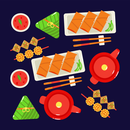 Chinese food. Fried spring rolls, snacks and tea patternのイラスト素材