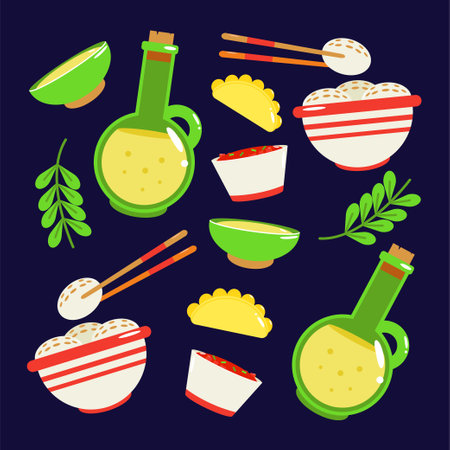 Chinese food. Sweet dumpling balls, fried dumplings and a bottle of wine patternのイラスト素材