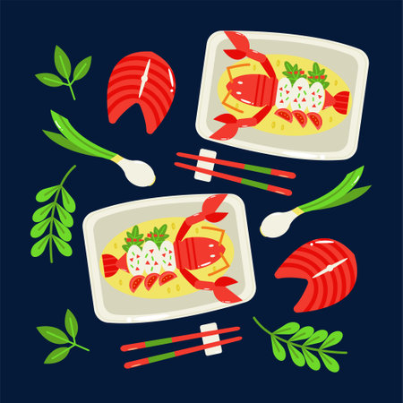 Chinese seafood, steamed lobster and fresh tuna patternのイラスト素材