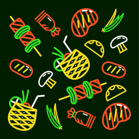 Mexican food. Pineapple juice, tacos and barbecue outline patternのイラスト素材
