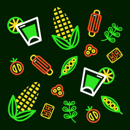 Mexican food. Corn, sausage and tequila outline patternのイラスト素材