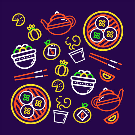 Chinese food. Outline pattern of steamed buns, tea and sweet dumpling ballsのイラスト素材