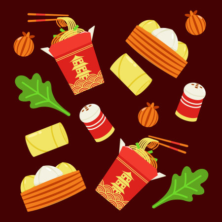 Chinese food. Boxed noodles, steamed buns, fried rolls and vegetables patternのイラスト素材