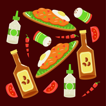 Indonesian food, egg fried rice and soy sauce patternのイラスト素材