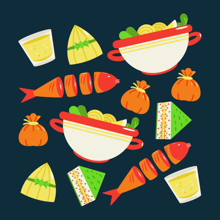 Korean food. Bibimbap, grilled fish and drink patternのイラスト素材