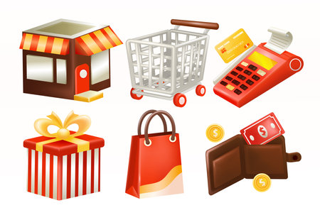 Shopping. 3d vector store, troly, billing machine, gift, shopping bag and walletのイラスト素材