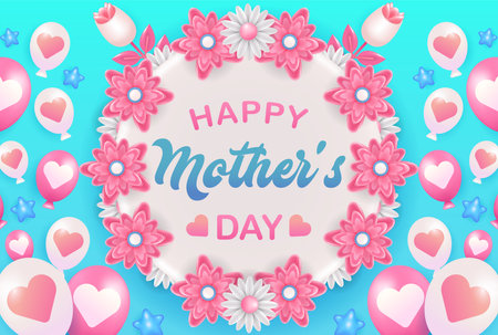 Happy mother's day, 3d vector wreath with balloon and star ornamentsの写真素材