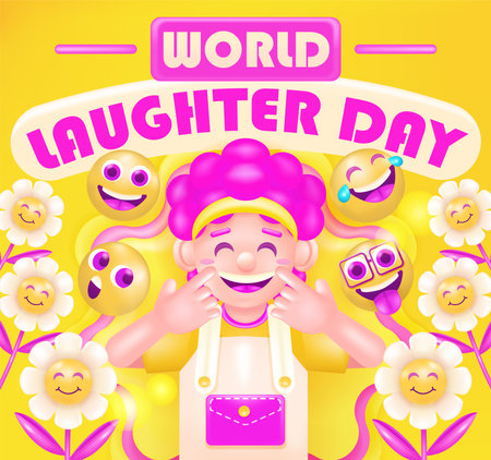 World laughter day. 3d vector happy girl with flower ornament and happy emoticonsのイラスト素材