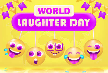 World laughter day. 3d vector Newton ball with happy emoticonsのイラスト素材