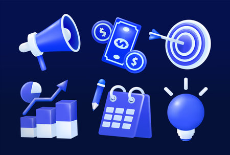 Business plan. Vector 3d of money, target, growth, list, lights and Megaphoneのイラスト素材