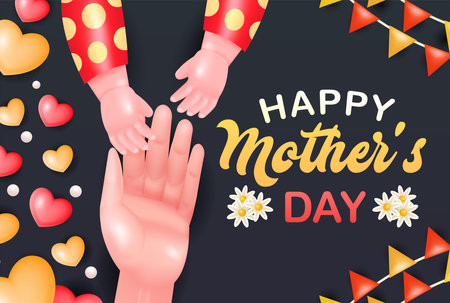 Happy mother's day, 3d vector of mother and baby hands with love and flower ornamentsのイラスト素材