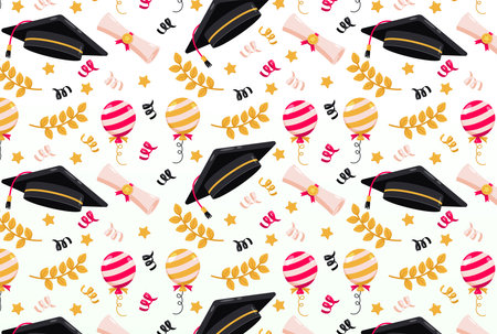Happy Graduation. Cap, certificate, wheat and balloon patternのイラスト素材