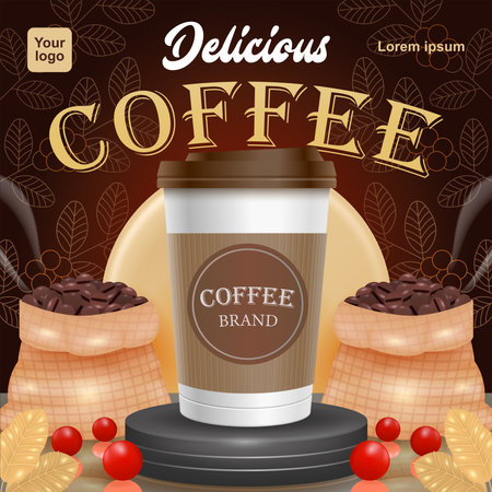 Deslicous Coffee, 3d vector podium background with decorative coffee beans in a sack. Can be used for product backgroundのイラスト素材