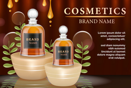 Cosmetic podium, elegant leaves and glass ornament 3d vector. Can be used for product backgroundのイラスト素材
