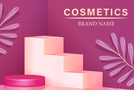 Ladder cosmetic podium with purple plant ornament, 3d vectorのイラスト素材