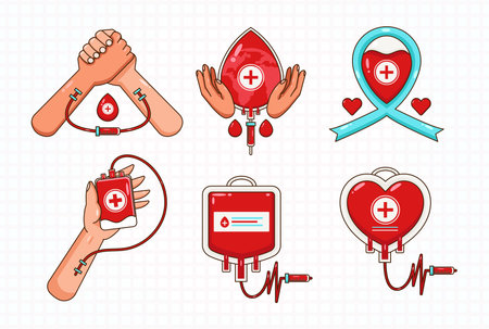 Blood Donor Day, blood bag icon illustration, hand donate blood and health ribbon. Suitable for design elementsのイラスト素材