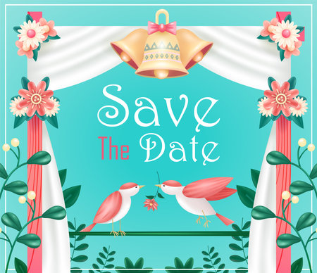 Wedding invitation. 3d illustration of a pair of birds with flowers in summer, modern card design with greenery frame and fabric wedding arch on soft green backgroundのイラスト素材