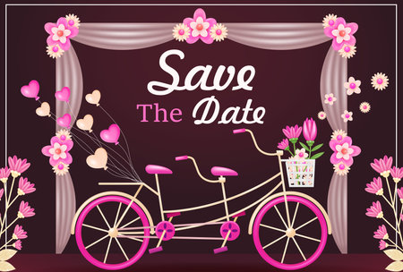 Wedding invitation. 3d illustration of double couple bicycle with flower and heart balloon, modern card design with pink floral frame and fabric wedding arch on dark red backgroundのイラスト素材