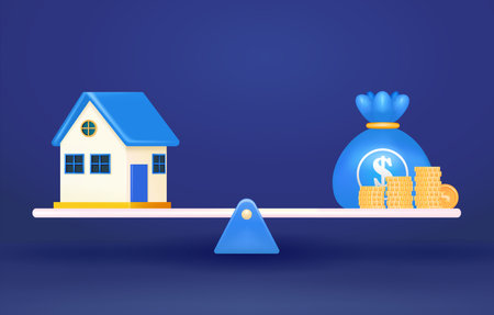 Real estate property investment or insurance. Vector 3d model of a house and a bag of money balance on a seesawのイラスト素材