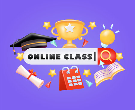 Online Class, with 3d vector elements of trophy, graduation cap, calendar certificate, lamp, star and book. The search bar is surrounded by educational elements. Perfect for education and design elementsのイラスト素材