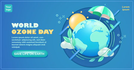 World Ozone Day. 3d illustration of earth weather umbrella and plants. Aims to educate people about the depletion of the Ozone Layer and find possible solutions to preserve it. suitable for eventsのイラスト素材