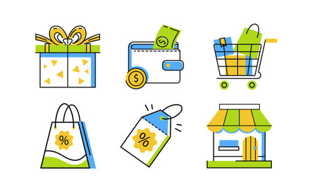 Shopping icon set. package, wallet, gift, shopping bag, discount label, shop and trolley. Suitable for website and socialのイラスト素材