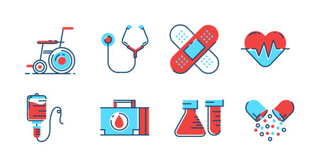 Health collection of color icons with lines. Wheelchair, medicine, beaker, medical box, infusion, blood donor, stethoscope, heart rate and wound plaster. Suitable for websiteのイラスト素材