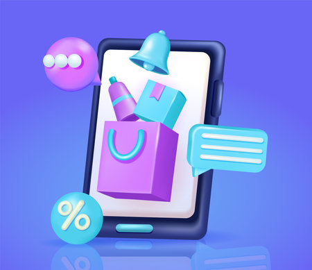 Online shopping bag and product purchase from 3d vector smartphone screen, with promotional elements and notification bells. online shopping via smartphone. Suitable for e-commerce retail storesのイラスト素材