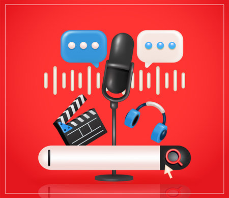 Podcast concept. Composition of microphone, headphones, clapper board, voice message, conversation bar and search bar 3d vector. Suitable for web and design elementsのイラスト素材