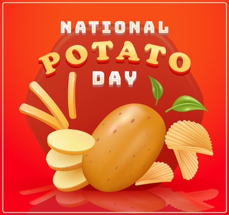 National Potato Day. 3d vector illustration of creative concepts of raw potato slices, potato chips and potato sticks. suitable for food and event advertisingのイラスト素材