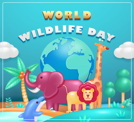 World Wildlife Day. Vector cartoon 3d happy wildlife day. Wild animals like lion, elephant, giraffe and dolphin, on earth background. Suitable for eventsのイラスト素材