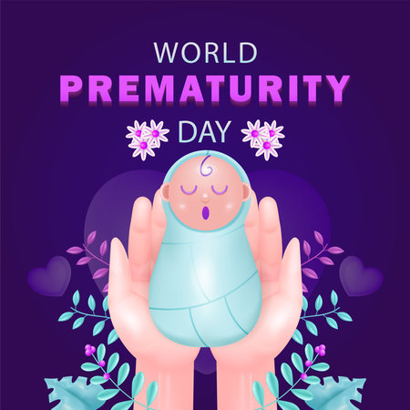 World Prematurity Day. Baby lying in his mother's hand with plant and flower ornaments. 3d illustration of a premature baby, suitable for eventsのイラスト素材