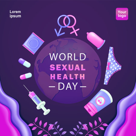 World Sexual Health Day. Contraceptives, gender symbols, women's panties, medicines on 3d vector background. Suitable for events and healthのイラスト素材
