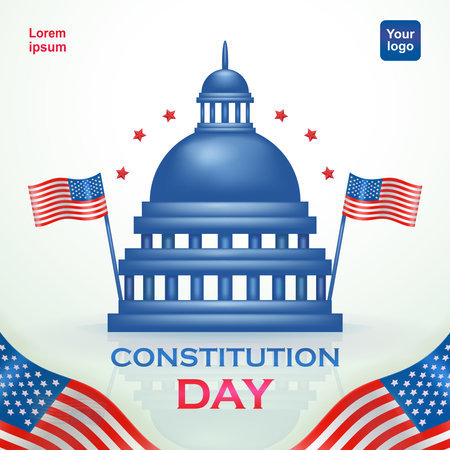 Constitution Day in the United States is celebrated on September 17, with 3d vector elements of the United States Congress building, flag and starsのイラスト素材