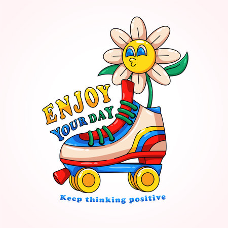 Enjoy your day, a flower illustration with roller skates. Retro vector, suitable for mascots, t-shirts, stickers and postersのイラスト素材
