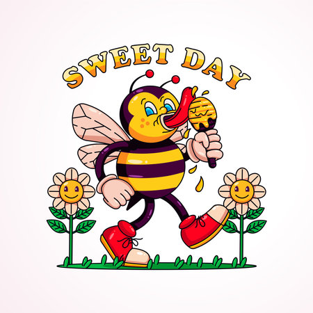 Sweed Day, a retro cartoon of a bee eating honey, perfect for mascots, t-shirts, stickers and postersのイラスト素材